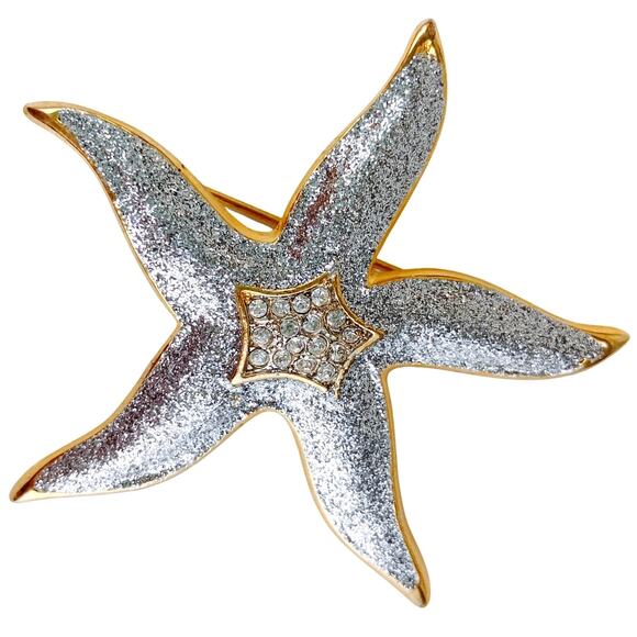 VTG Starfish Brooch Coastal Nautical Beach Glitter Statement 80s Gold Tone Pin - Picture 1 of 8